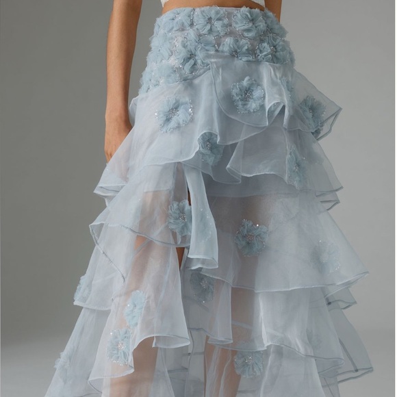 LoveShackFancy Light Blue Layered Skirt - Grover Tiered Floral Appliqué Skirt - Picture 3 of 8